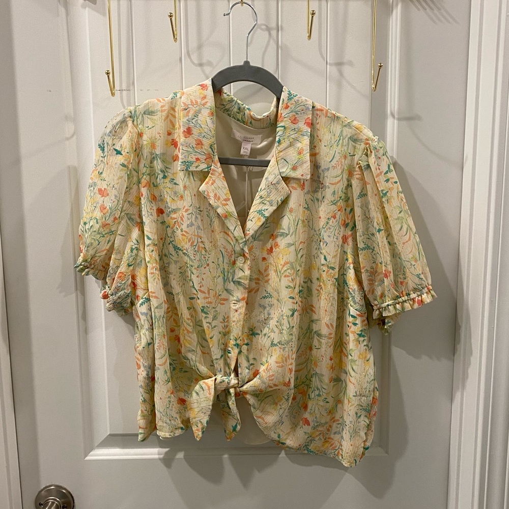 Lauren Conrad Tie Front Top, Watercolor Floral with Sparkle, XXL Plus Size NWT